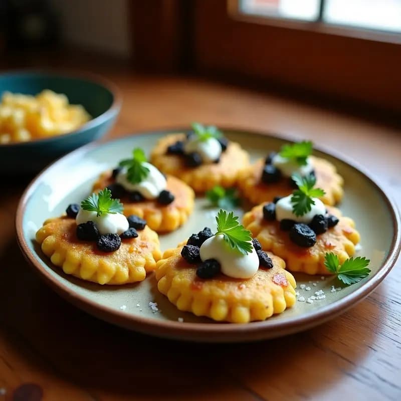 Tortitas doradas de maíz azul con higos de huitlacoche negro y queso de cabra cremoso, servidas en plato rústico con cilantro fresco y crema ácida, receta mexicana de autor en airfryer.
