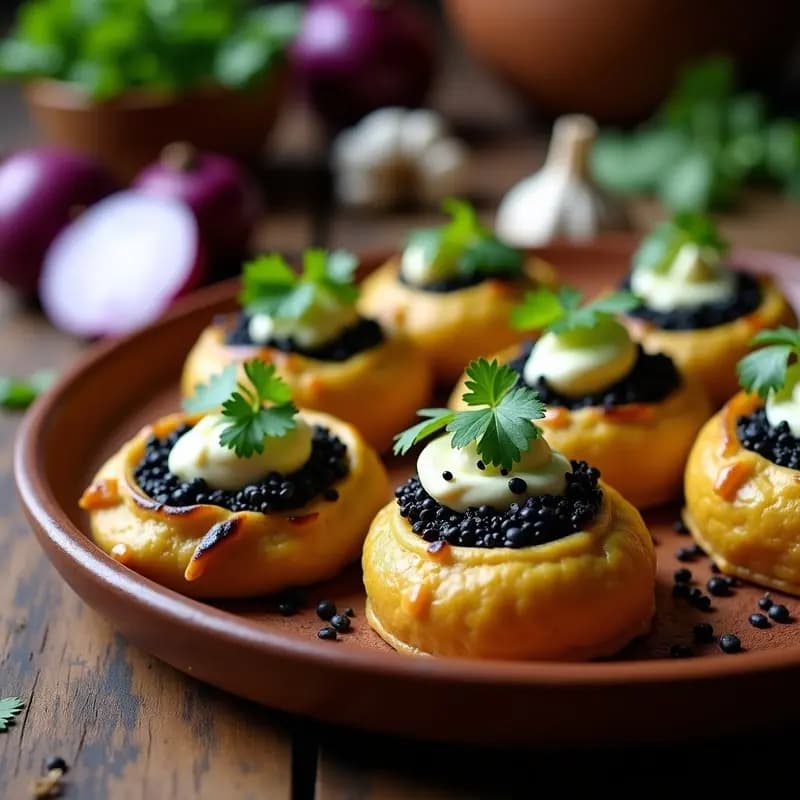 Plato de tortitas de maíz azul rellenas de huitlacoche negro y queso de cashew cremoso, decoradas con semillas de amapola y cilantro fresco sobre un comal de barro. Receta mexicana gourmet y vegana.