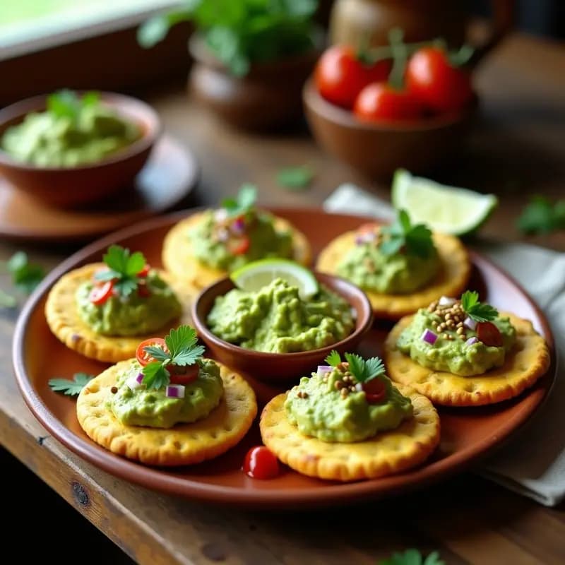 Plato de tortitas de maíz mexicanas doradas y ligeramente abultadas, servidas con un generoso topping de guacamole cremoso verde, decorado con semillas de sésamo y rodajas de limón. Aperitivo sin gluten y alto en fibra en un fondo rústico de madera.