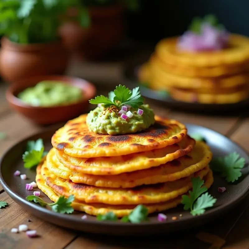 Plato de tortitas de maíz mexicanas veganas doradas, apiladas y acompañadas de guacamole, cebolla morada y cilantro fresco, con fondo rústico de madera.