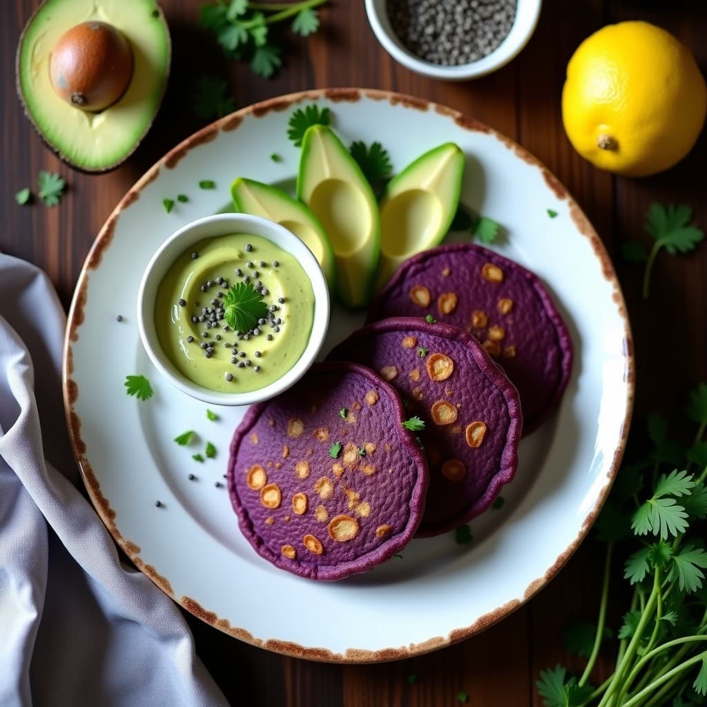 Plato blanco con tortitas moradas de maíz y chía apiladas, cubiertas con crema de aguacate verde brillante y semillas de calabaza. Desayuno keto mexicano colorido y apetitoso.