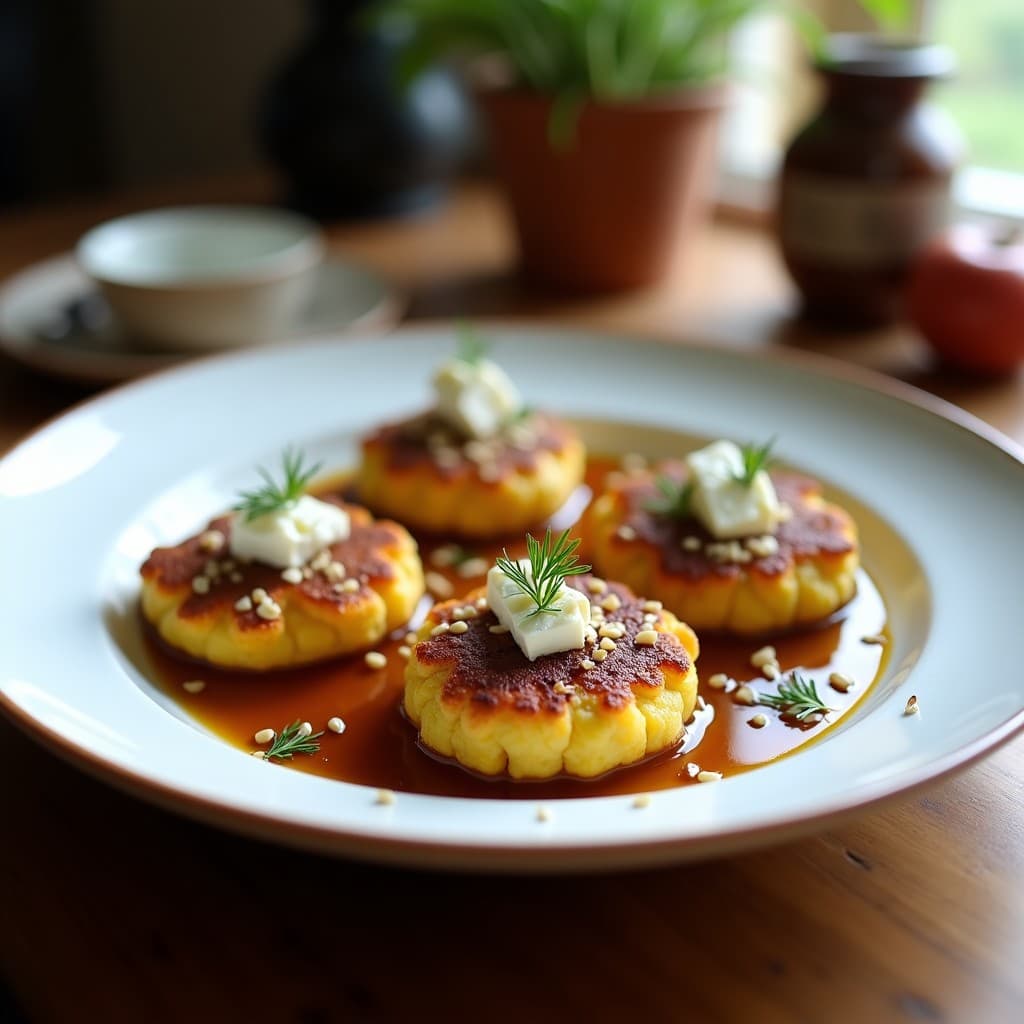 Plato blanco con tortitas doradas de maíz morado y queso feta desmenuzado, decoradas con miel de trufa brillante, semillas de sésamo tostadas y hojitas de eneldo fresco. Fondo rústico con textura de madera y luz natural suave.