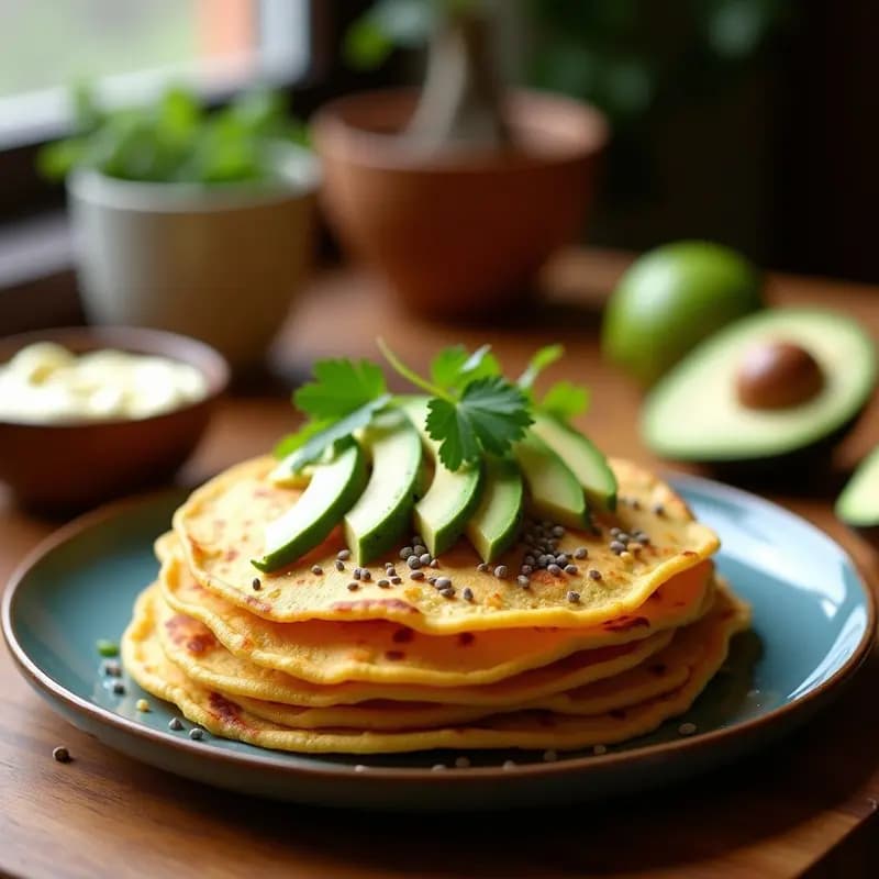 Plato de tortitas doradas de maíz y queso de almendra keto, apiladas y decoradas con cebollín fresco, servidas sobre una tabla de madera rústica con aguacate en rodajas y un huevo pochado al lado.