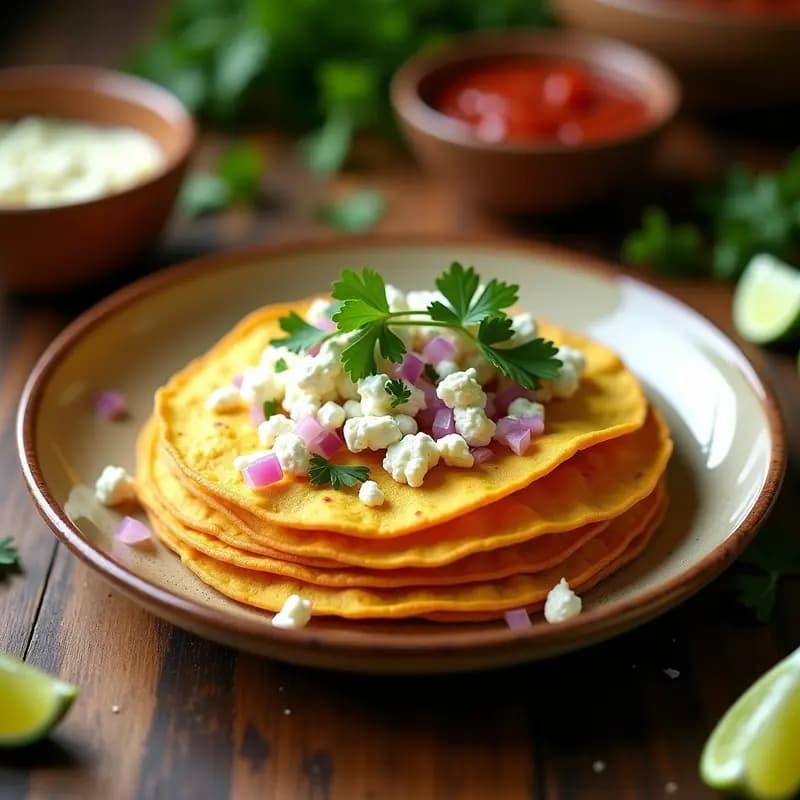 Plato de tortitas de maíz doradas con queso fresco vegano desmenuzado, cebolla morada picada, cilantro fresco y un chorrito de limón, servidas en un plato de barro rústico.