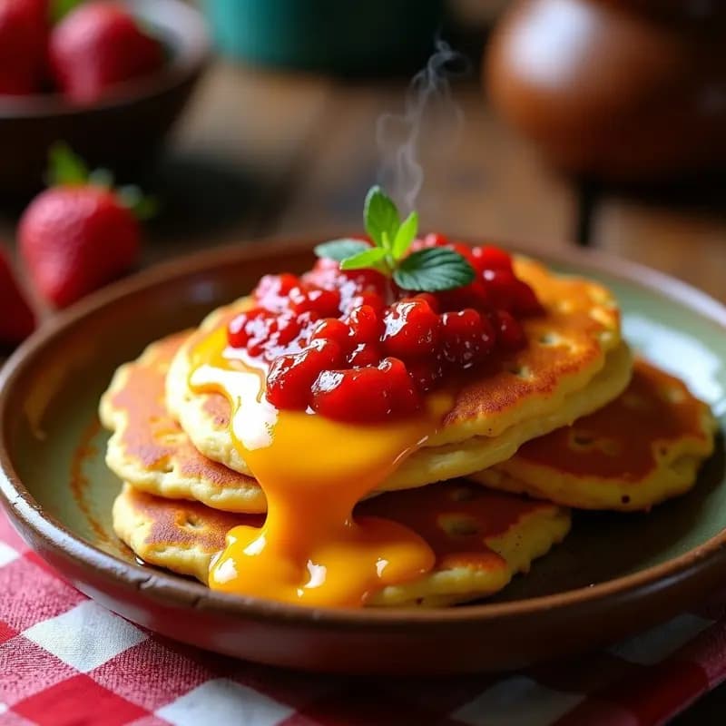 Tortitas doradas de harina de maíz con queso cheddar fundido derritiéndose sobre la superficie, bañadas en mermelada de fresa picante brillante, servidas en un plato rústico de barro con fondo de madera oscura. Receta Tex-Mex de desayuno hipercalórico.