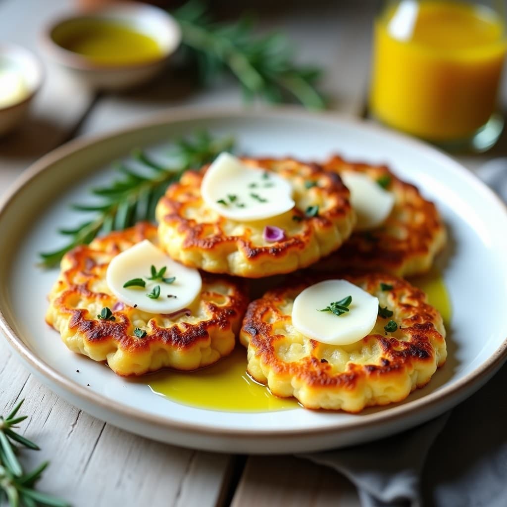 Tortitas doradas y crujientes de maíz con queso pecorino, apiladas en un plato rústico con hierbas provenzales y un chorrito de aceite de oliva, receta francesa en Thermomix.