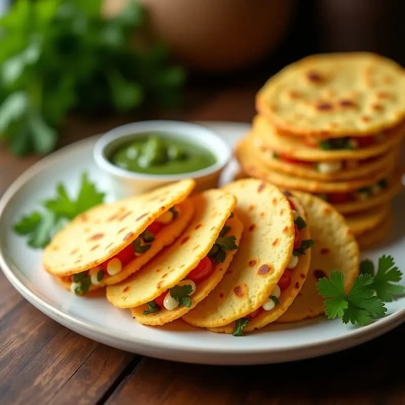 Tortitas doradas y crujientes de maíz rellenas de queso paneer y cilantro, servidas en un plato de madera con chutney de menta y hojas de cilantro fresco. Receta india vegetariana en airfryer.