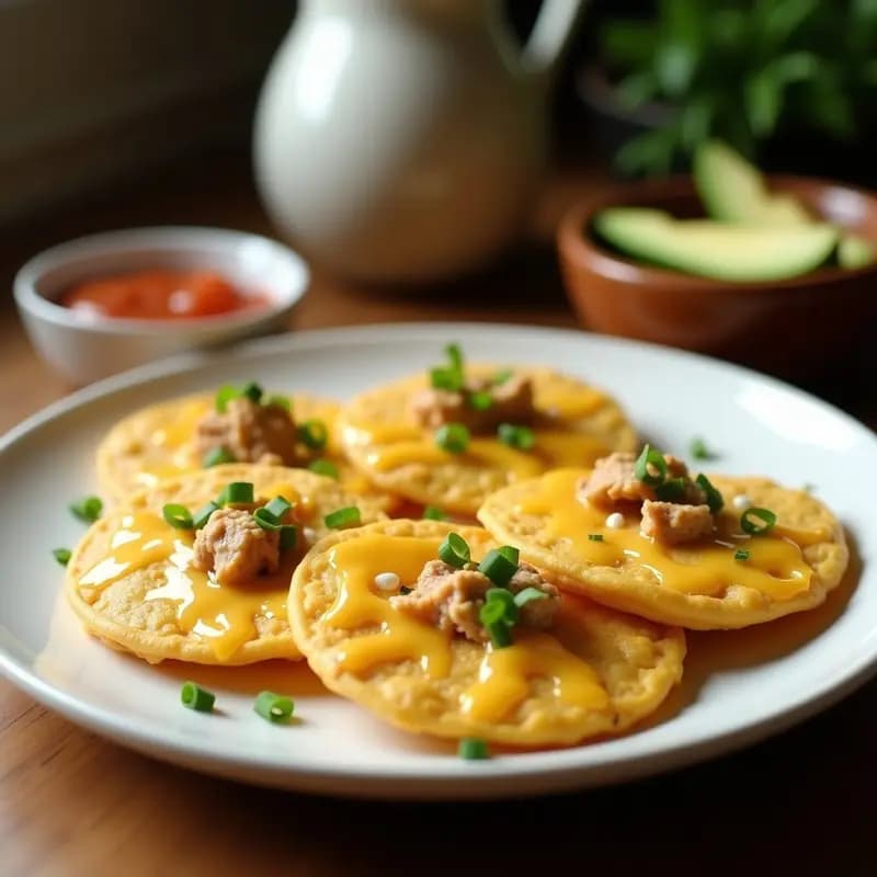 Plato de tortitas de maíz doradas y humeantes con trozos de queso ahumado derretido encima, espolvoreadas con cebollino fresco. Receta viral de desayuno rápido y alto en proteína.