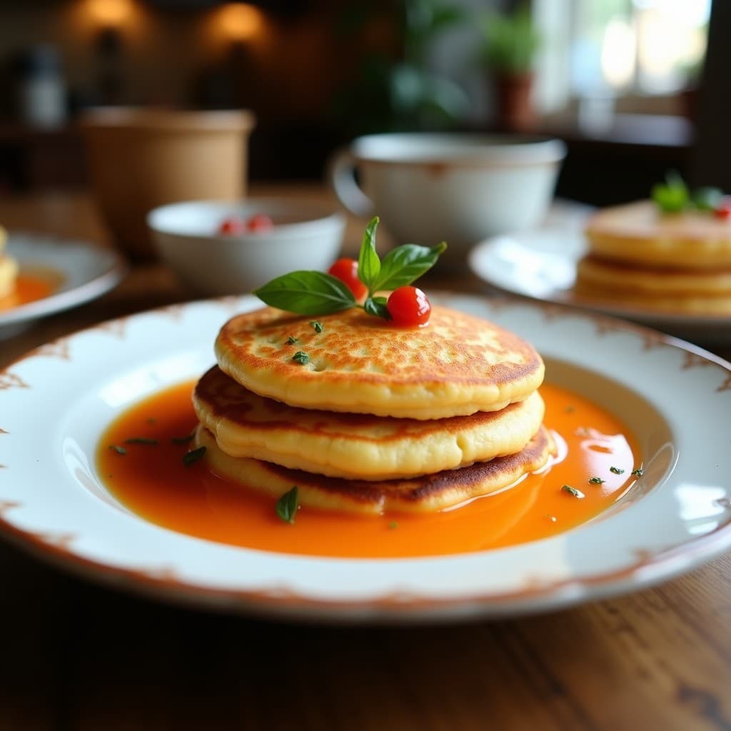 Tortitas doradas de mamón y coco rallado apiladas en un plato blanco, con textura esponjosa y trozos de coco visibles, acompañadas de semillas de chía y un fondo rústico de madera.