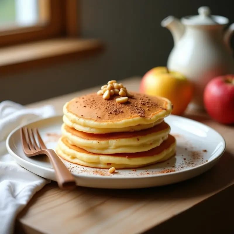 Pila de tortitas holandesas doradas y esponjosas con trozos de manzana rallada, espolvoreadas con canela, servidas en un plato blanco rústico con un tenedor de madera.