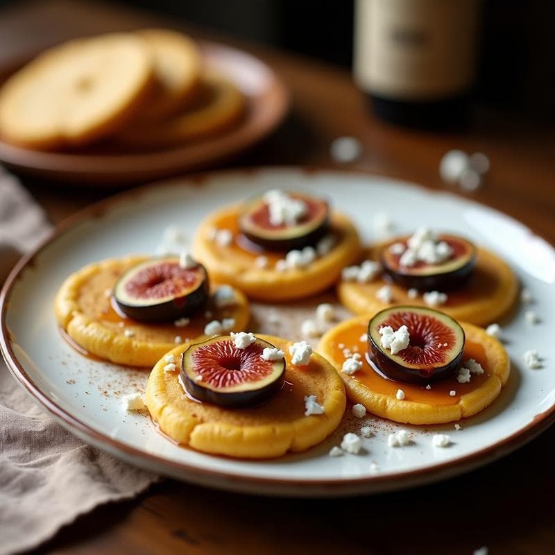 Plato blanco con tortitas de maíz azul doradas, higos caramelizados brillantes con miel y trozos de queso fresco blanco. Receta mexicana dulce y salada lista para servir.