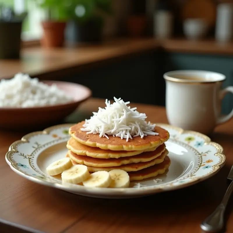 Pila de tortitas doradas de mijo y plátano con coco rallado, apiladas sobre un plato blanco con sirope de arce y rodajas de plátano fresco, receta sin gluten.