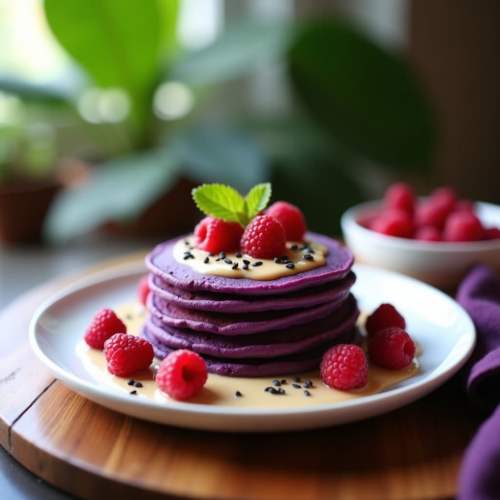 Plato blanco con tortitas de ñame morado de color violeta intenso, apiladas y bañadas en crema de anacardos blanca. Decoradas con semillas de chía negras y frambuesas rojas frescas. Fondo borroso con hojas verdes y luz natural suave.