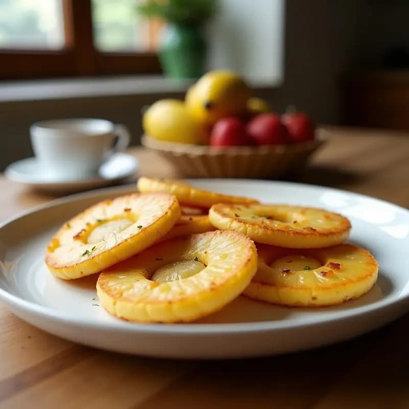 Plato blanco con tortitas doradas de piña y cúrcuma, apiladas con trozos de piña fresca y un espolvoreado de canela, sobre fondo rústico de madera.