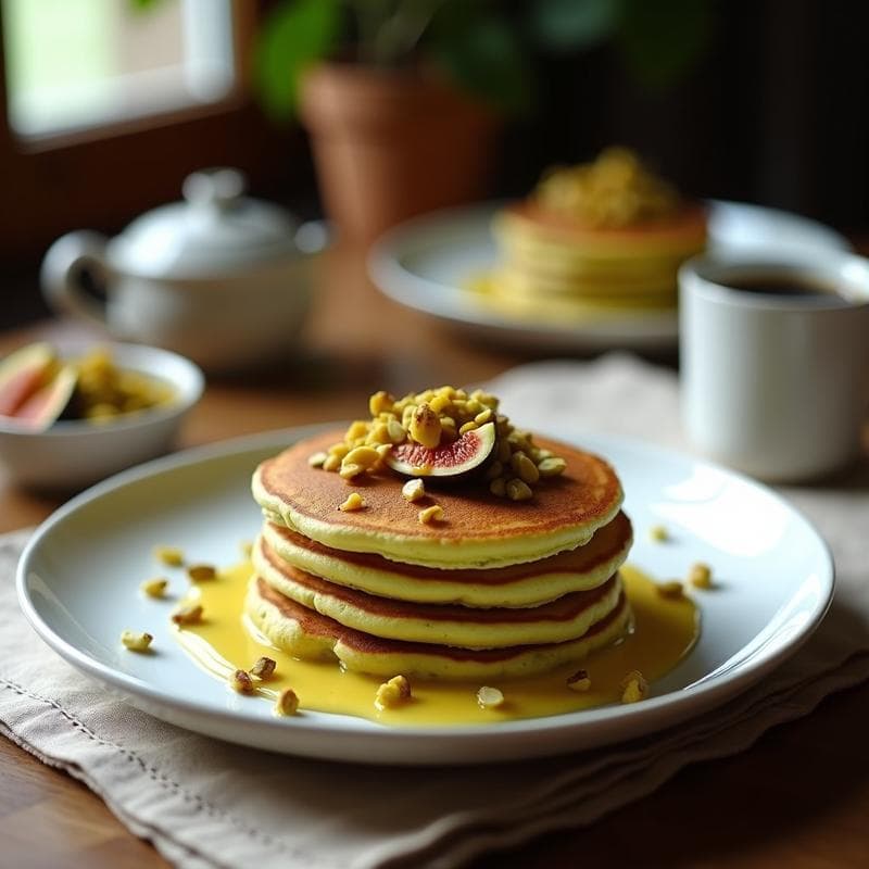 Tortitas doradas de harina de pistacho apiladas en un plato blanco, cubiertas con compota de higos brillante y espolvoreadas con semillas de pistacho tostadas. Desayuno sin gluten con fondo de mantel rústico y taza de café humeante.