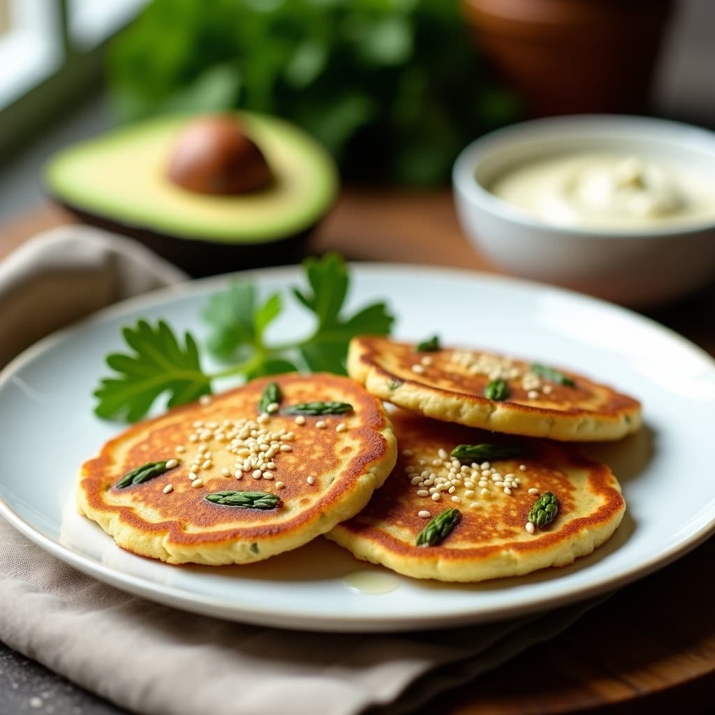 Tortitas doradas de proteína de guisante y espárragos verdes en un plato blanco, con semillas de sésamo por encima, servidas con rodajas de aguacate y un dip cremoso. Receta keto, sin gluten, en airfryer.
