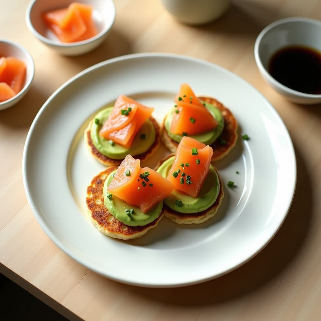Plato blanco con tortitas doradas de harina de ptisana, crema verde de wasabi y aguacate, láminas de salmón ahumado y cebollino picado. Desayuno japonés keto rápido y elegante.