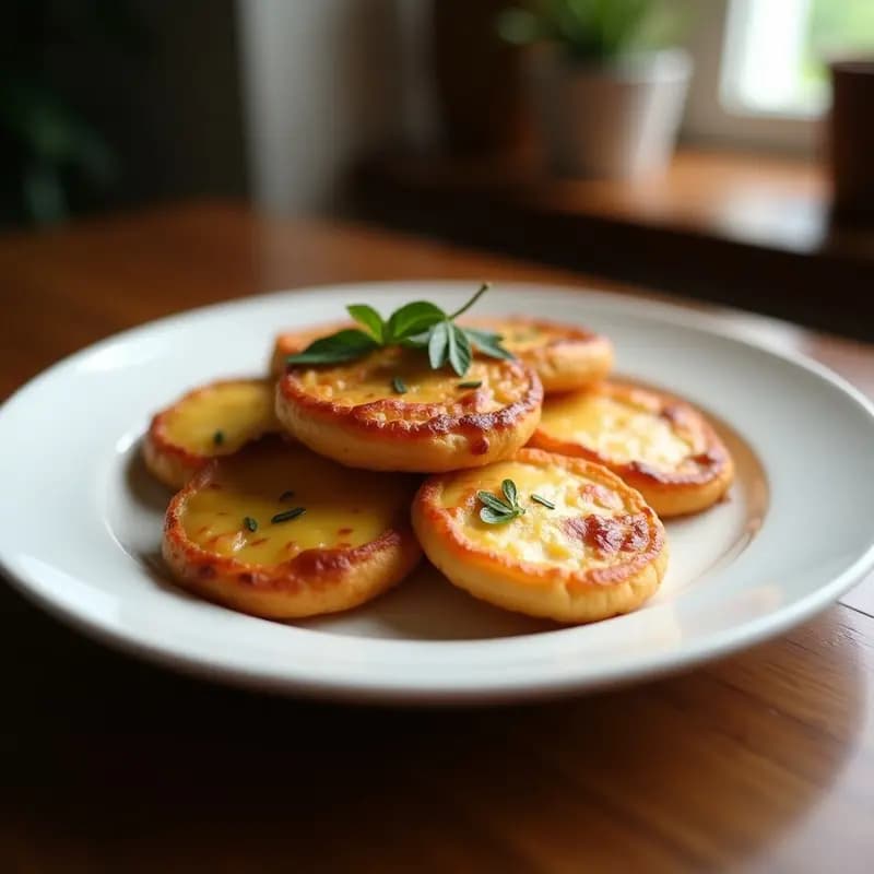Pila de tortitas doradas y esponjosas con queso fundido y jamón york crujiente, bañadas en sirope de arce brillante, servidas en plato blanco con fondo de cocina rústica. Receta de tortitas de queso y jamón york con sirope de arce.