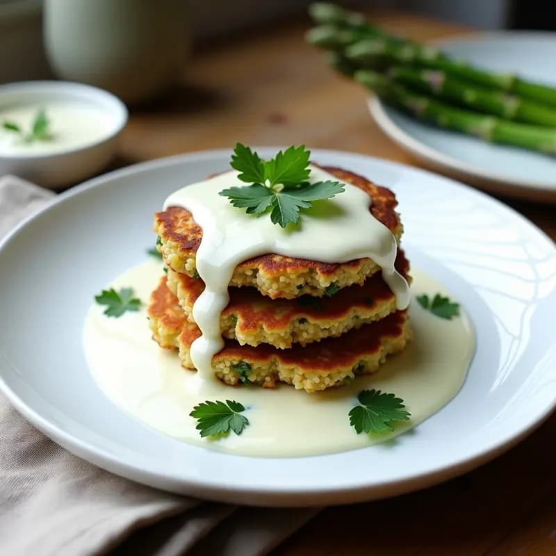 Plato blanco con tres tortitas doradas de quinoa y espárragos apiladas, bañadas en salsa de yogur cremosa con hierbas provenzales, decoradas con puntas de espárrago salteadas y semillas de sésamo tostadas. Fondo rústico con servilleta de lino y brotes tiernos. Receta de desayuno francés sin gluten.