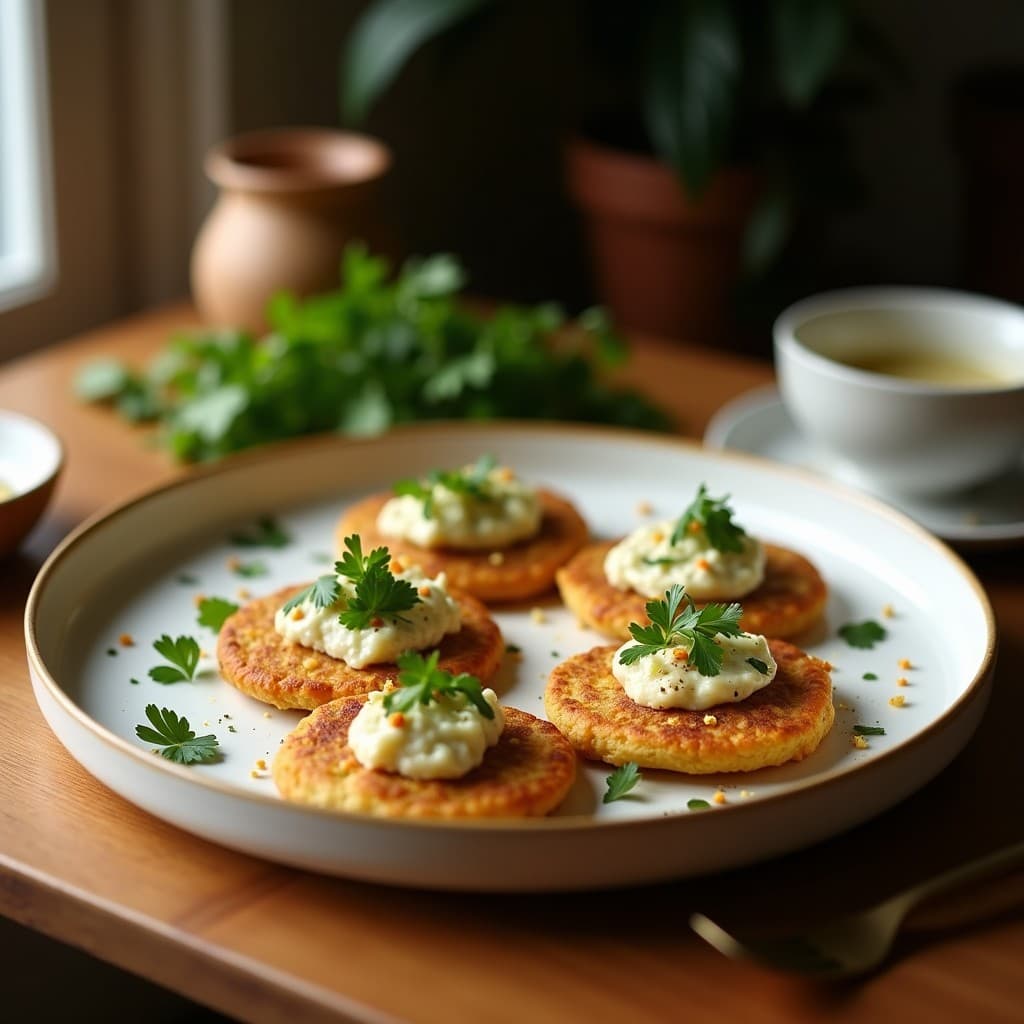 Plato blanco con tortitas doradas de quinoa y remolacha, apiladas y bañadas en salsa cremosa de tahini y limón. Decoradas con semillas de sésamo tostadas y hojas de perejil fresco. Fondo con ingredientes dispersos como remolacha rallada y tahini.