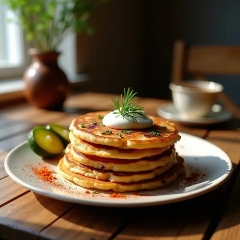 Plato de tortitas rusas Тговери doradas de patata y champiñones, apiladas con crema agria y eneldo fresco, sobre fondo de madera rústica, desayuno eslavo sin gluten.