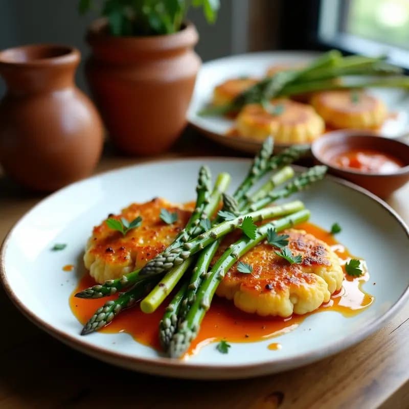 Plato de pizarra con tortitas de socarrat doradas y crujientes, coronadas con puntas de espárragos trigueros y bañadas en romesco de anacardos cremoso. Acompañadas de perejil fresco y un hilo de aceite de oliva, sobre fondo rústico de madera.