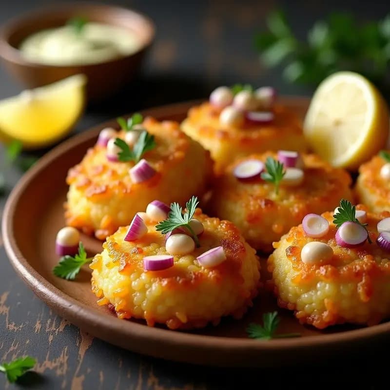 Tortitas doradas de socarrat crujiente con trozos de pulpo tierno y salsa allioli cremosa, decoradas con perejil fresco sobre un plato de cerámica negra, receta española gourmet.
