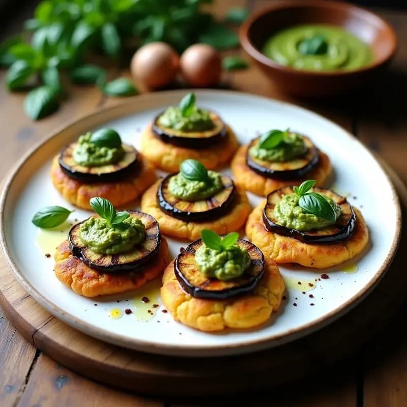 Plato rústico con tortitas de socca doradas rellenas de rodajas de berenjena asada y pesto de albahaca verde, decorado con hojas frescas de albahaca y un hilo de aceite de oliva. Receta francesa sin gluten.