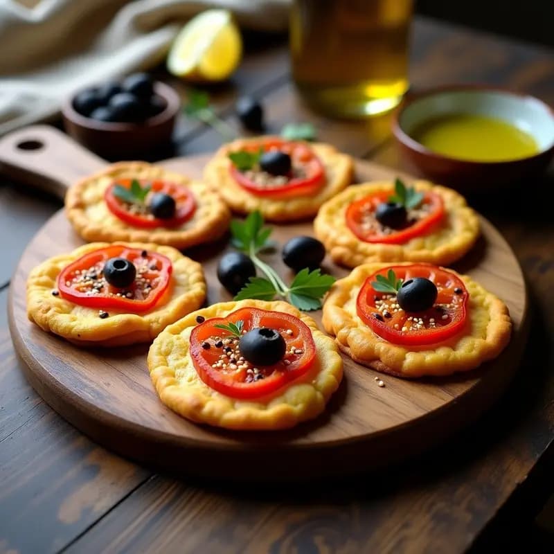 Tortitas de socca doradas y crujientes rellenas de pimientos asados en tiras y aceitunas negras, servidas en bandeja de madera con cebollino fresco espolvoreado. Aperitivo francés sin gluten.