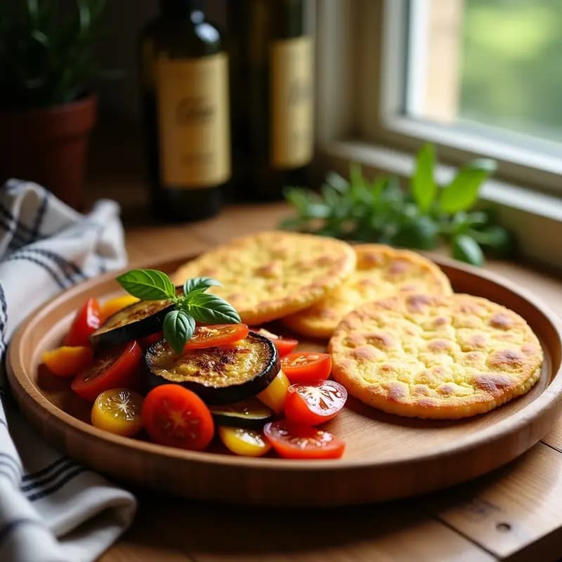 Plato rústico de madera con tortitas de socca doradas y crujientes, cubiertas de ratatouille colorido con berenjena, calabacín y tomate. Decorado con hojas de albahaca fresca y semillas de sésamo, receta provenzal sin gluten con harina de garbanzo.