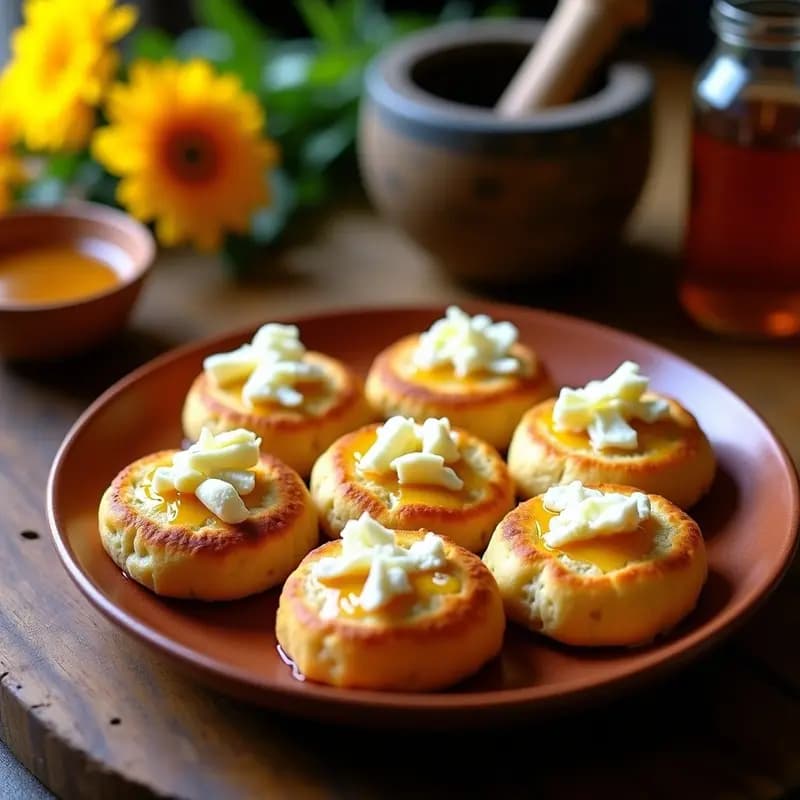 Plato de barro con tortitas de socorro doradas, esponjosas y ligeramente humeantes, coronadas con trozos de queso fresco desmenuzado y un hilo de miel de abeja dorada. Al fondo, hojas de epazote y semillas de chía espolvoreadas.