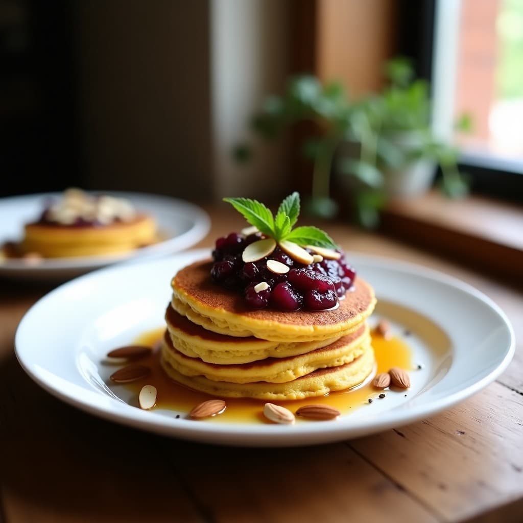 Plato blanco con tortitas doradas de harina de sorgo y cúrcuma, apiladas y cubiertas con compota de higo chumbo de color morado intenso, semillas de chía y almendras fileteadas. Desayuno antiinflamatorio saludable.