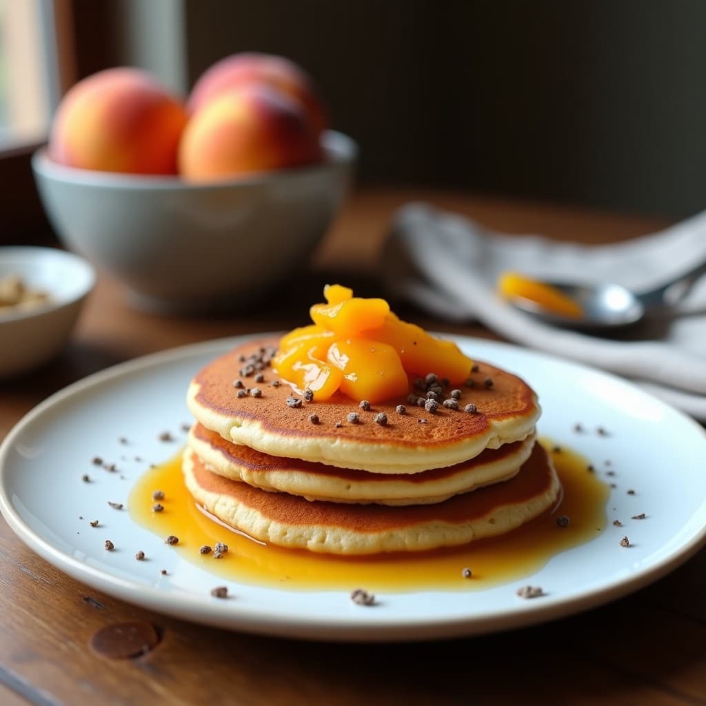 Plato blanco con tortitas doradas de harina de sorgo apiladas, bañadas en compota de durazno brillante con trocitos de jengibre visible. Decoradas con semillas de chía y nueces picadas. Desayuno sin gluten y prebiótico.