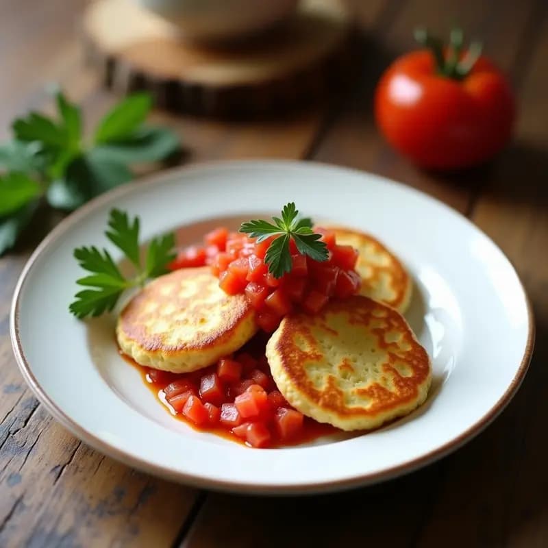 Plato blanco con tortitas doradas de almidón de tapioca y huevo, coronadas con caviar de tomate rojo brillante y hojas de albahaca fresca. Desayuno sin gluten apetitoso y colorido.