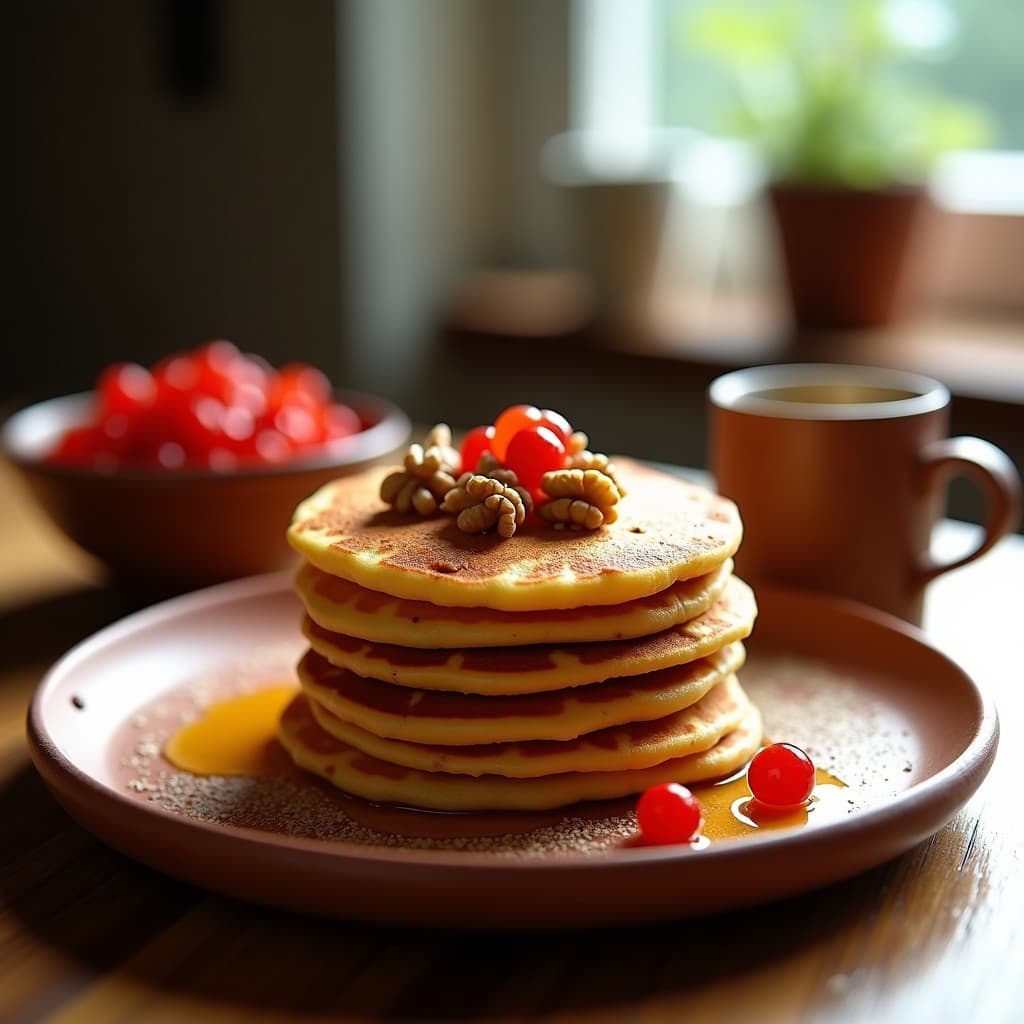 Plato blanco con tortitas doradas de harina de teff y bayas de goji, servidas con nueces picadas, sirope de arce y un toque de canela espolvoreada. Desayuno etíope alto en hierro y antioxidantes.