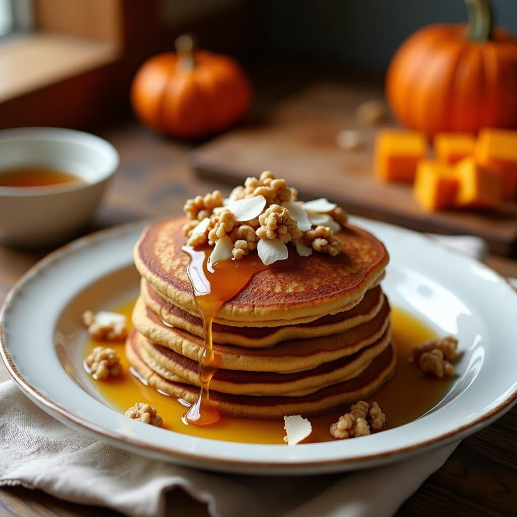 Plato de tortitas doradas de harina de trigo sarraceno y calabaza, apiladas y bañadas con sirop de arce sin azúcar, decoradas con nueces picadas y coco rallado tostado sobre un mantel rústico de lino.