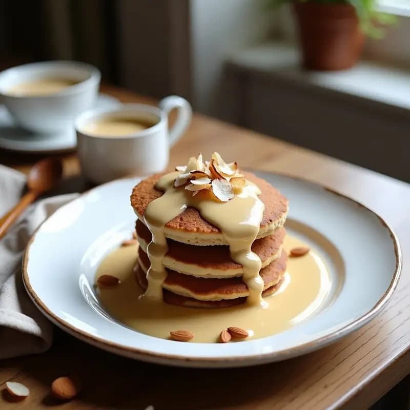 Plato blanco con tortitas doradas de trigo sarraceno apiladas, cubiertas con crema de almendras espesa y frambuesas frescas. Desayuno francés keto y sin lactosa, con fondo de servilleta de lino.