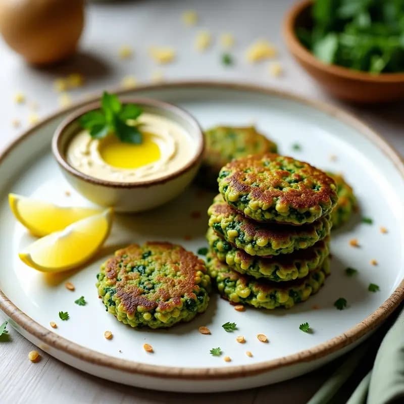 Plato blanco con tortitas verdes de espinaca y quinoa apiladas, doradas por fuera y con textura crujiente, acompañadas de un bol de hummus y hojas de perejil fresco.