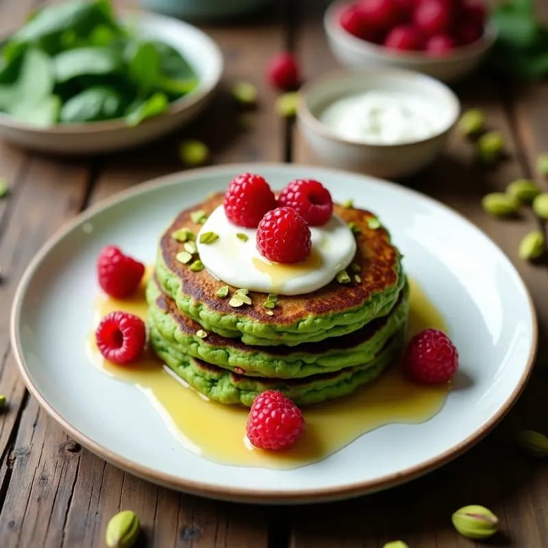 Plato con tortitas verdes esponjosas de pistacho y espinaca, servidas con yogur griego y frutos rojos, receta fit sin harina.