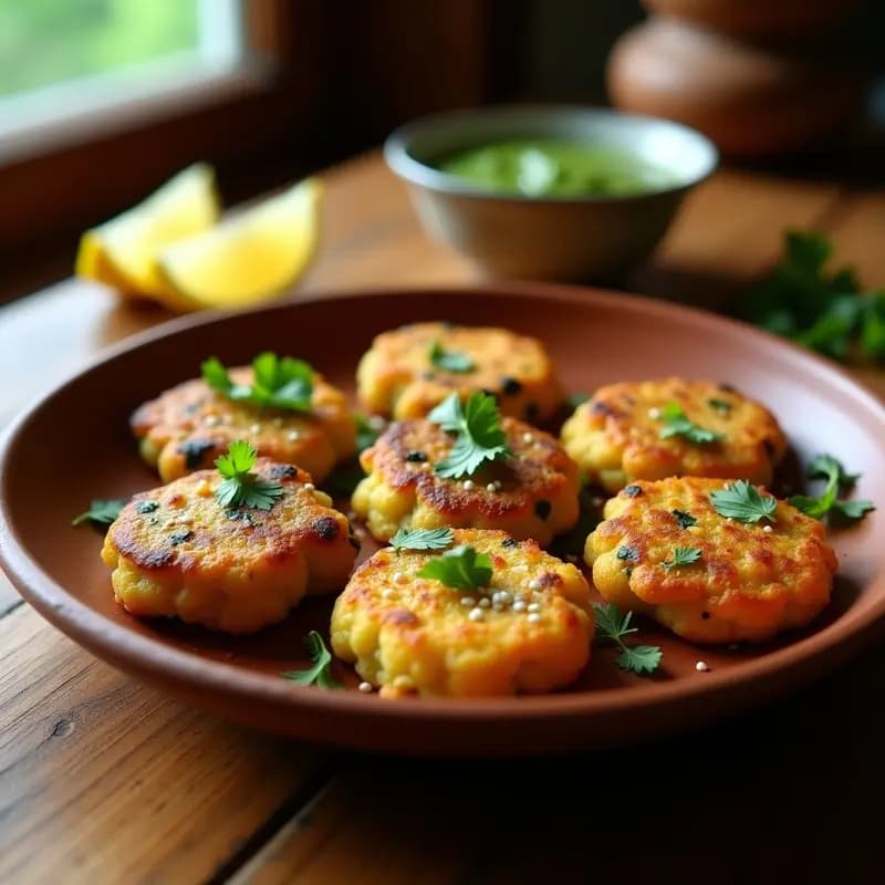 Tortitas doradas de verduras hindúes masala con semillas de sésamo, servidas en un plato de barro con chutney verde y cilantro fresco.