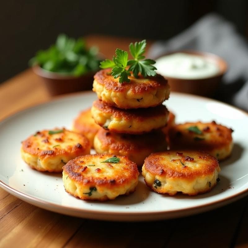 Tortitas doradas y crujientes de harina de yuca con trocitos de camarones secos, servidas en un plato blanco con hierbas frescas y un dip cremoso, receta brasileña keto en airfryer.
