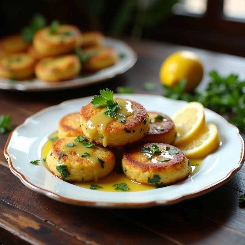 Plato blanco con tortitas doradas de yuca y espinacas, apiladas y bañadas con salsa de ajo y limón. Acompañadas de rodajas de limón y perejil fresco, sobre un fondo rústico de madera.