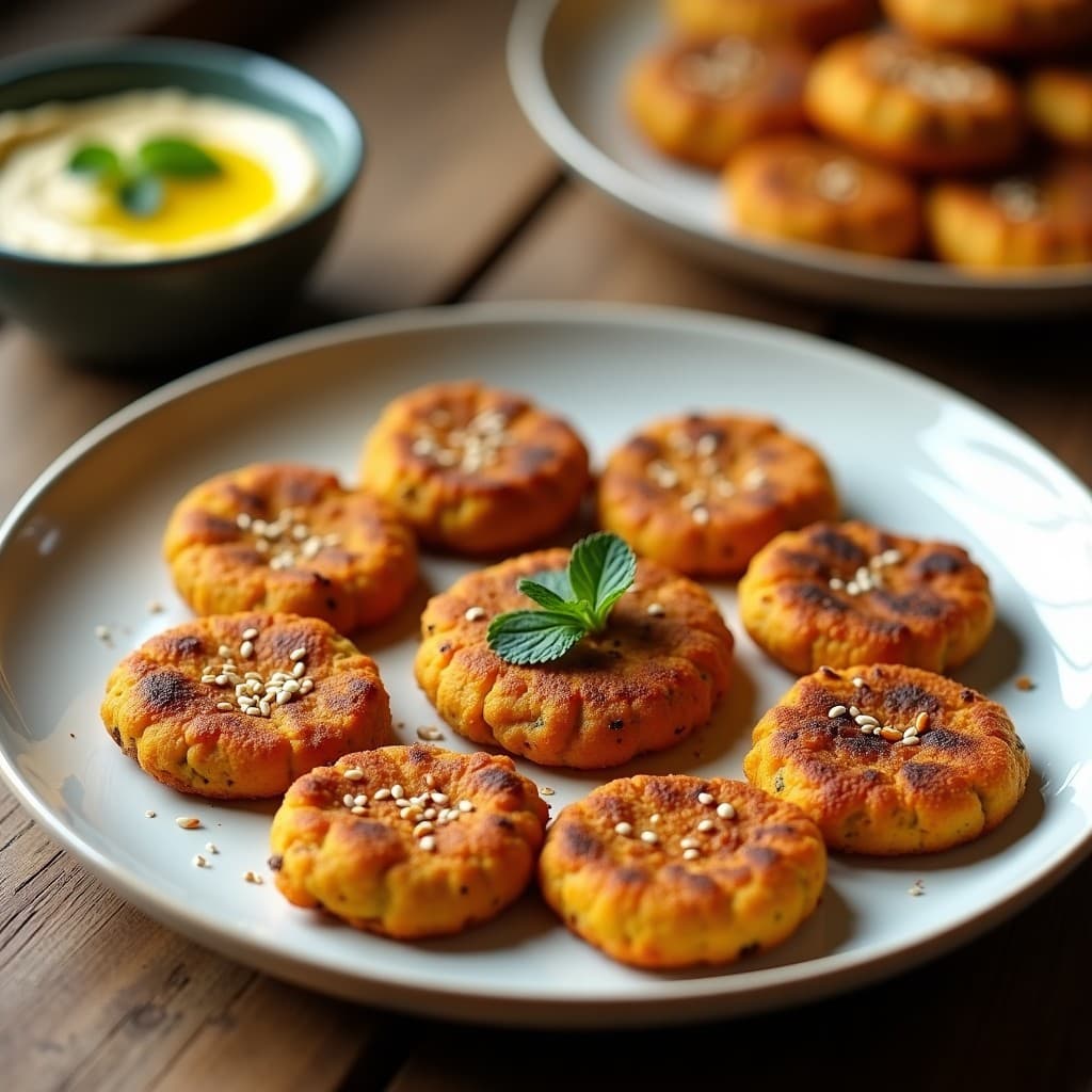Plato blanco con 8 tortitas doradas de zaatar y calabaza asada, decoradas con semillas de sésamo y un toque de zaatar espolvoreado. Acompañadas de un bol pequeño con hummus y hojas de menta fresca.