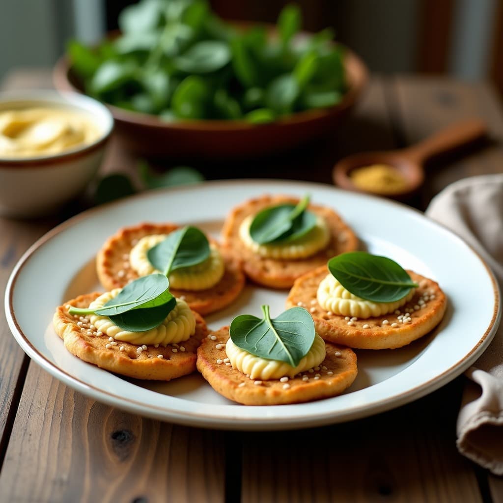Tortitas doradas y crujientes de zaatar con hummus cremoso y espinacas frescas, servidas en plato blanco sobre fondo rústico de madera.