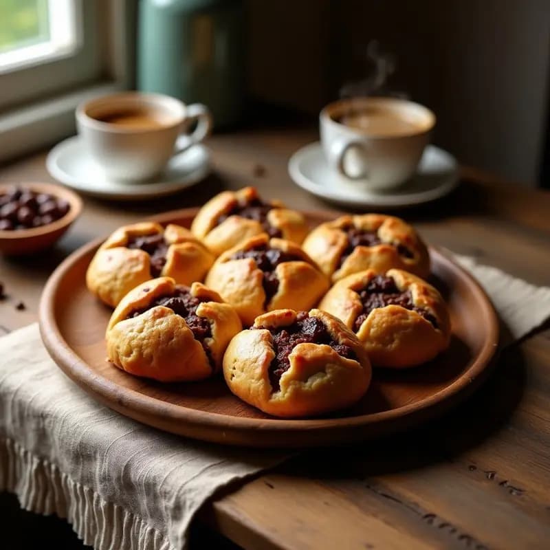 Tortos dorados y esponjosos con trozos de higo y chocolate negro, dispuestos en una bandeja de madera rústica, receta tradicional de desayuno con pan de higo y cacao.