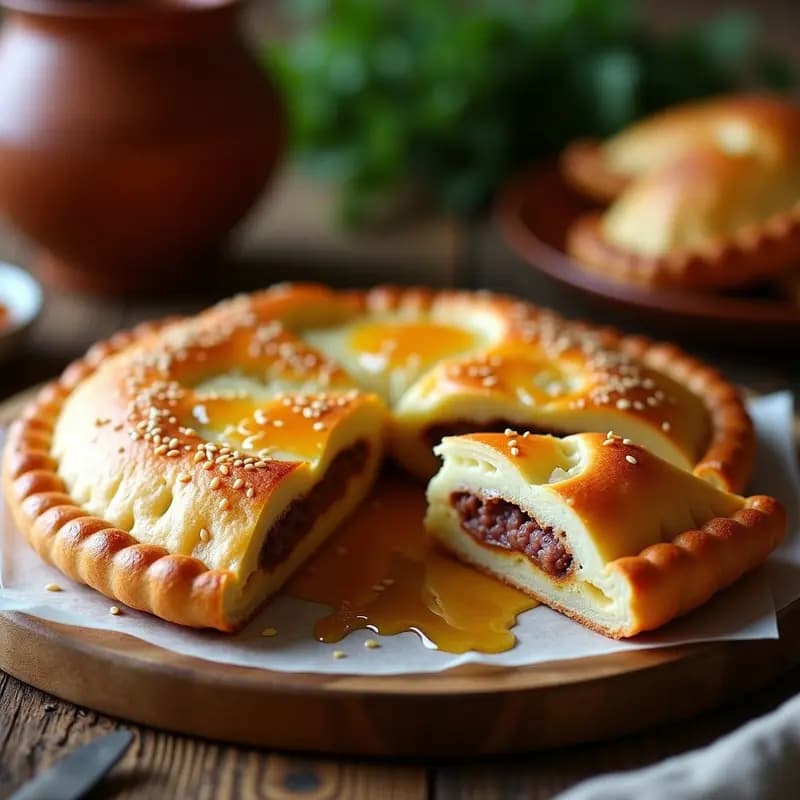 Empanada mallorquina dorada y crujiente cortada en porciones, mostrando el relleno cremoso de sobrasada y miel con vetas de queso fresco, servida en bandeja rústica de madera.