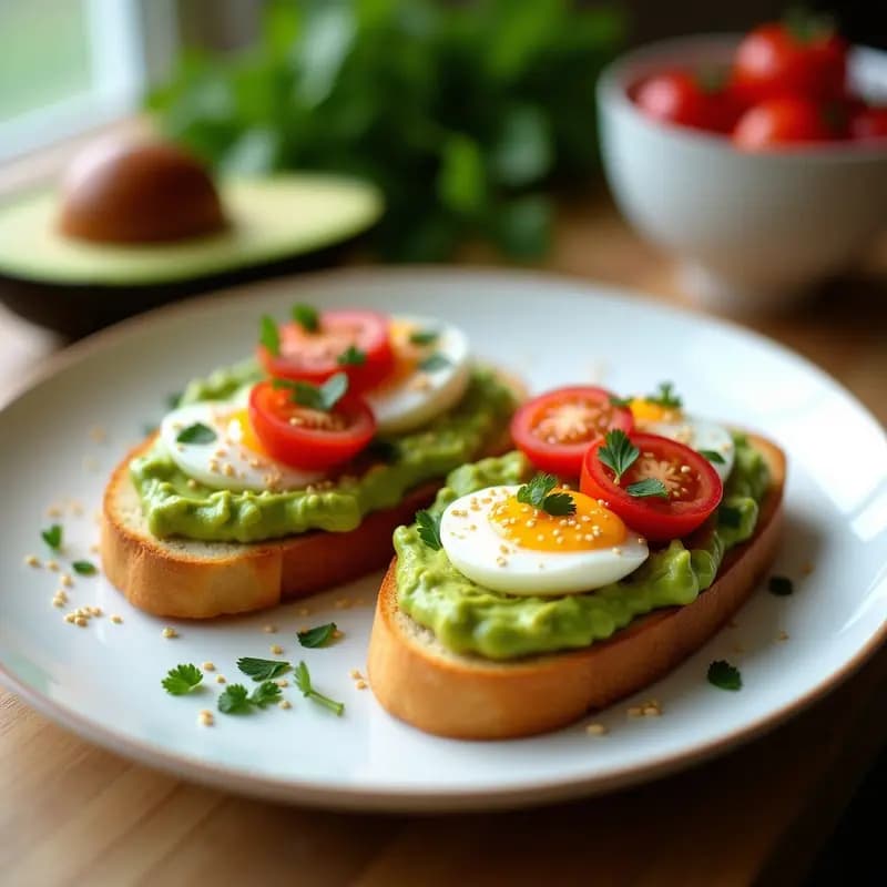 Tost de pan de ajo dorado y crujiente con crema de aguacate verde vibrante, huevos pochados veganos dorados y decoración de tomate cherry, cebolla morada y semillas de sésamo, servido en plato blanco rústico.