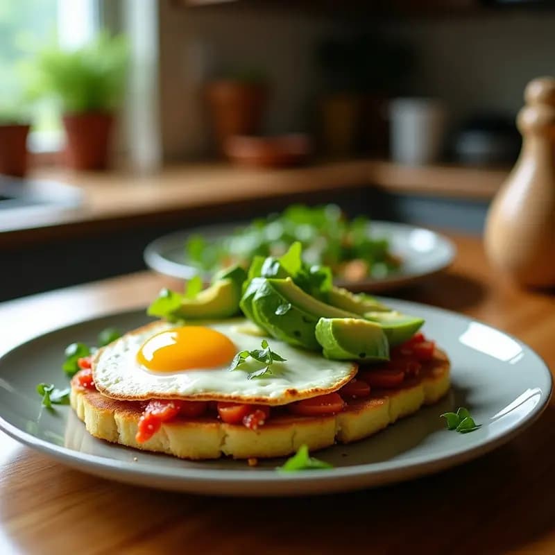 Tosta de pan integral crujiente con aguacate cremoso y huevo poché de yema líquida, decorada con semillas de chía y cilantro fresco, receta rápida en airfryer.