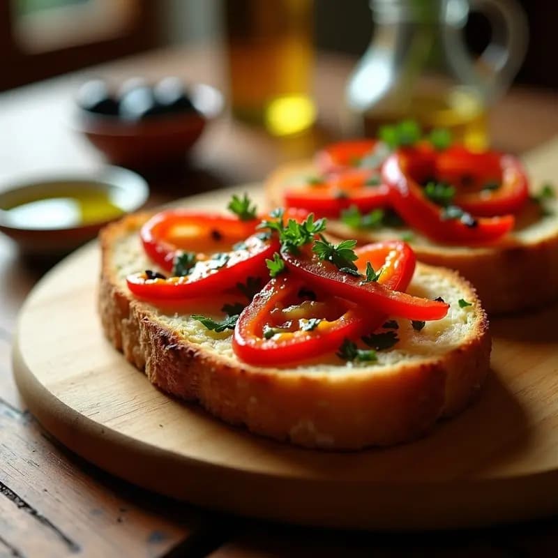 Tosta crujiente de pan de barra con filetes de anchoas en aceite y tiras de pimientos asados rojos, decorada con perejil fresco y un hilo de aceite de oliva virgen extra, aperitivo andaluz tradicional.