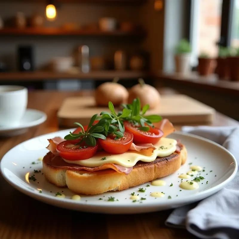Tosta catalana dorada con pan tumaca, jamón serrano en taquitos y queso manchego fundido, servida en plato blanco sobre mesa de madera.